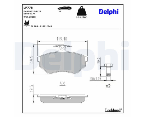 Kit de plaquettes de frein, frein à disque LP778 Delphi