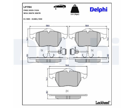 Kit de plaquettes de frein, frein à disque LP784 Delphi
