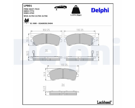 Kit de plaquettes de frein, frein à disque LP801 Delphi