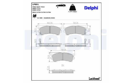 Kit de plaquettes de frein, frein à disque LP801 Delphi