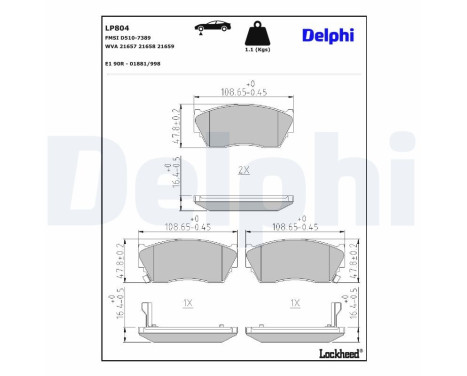 Kit de plaquettes de frein, frein à disque LP804 Delphi