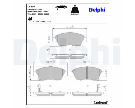 Kit de plaquettes de frein, frein à disque LP809 Delphi