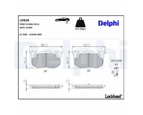 Kit de plaquettes de frein, frein à disque LP836 Delphi