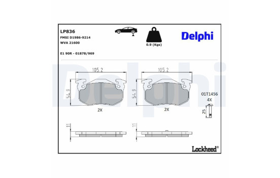 Kit de plaquettes de frein, frein à disque LP836 Delphi