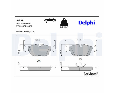 Kit de plaquettes de frein, frein à disque LP839 Delphi