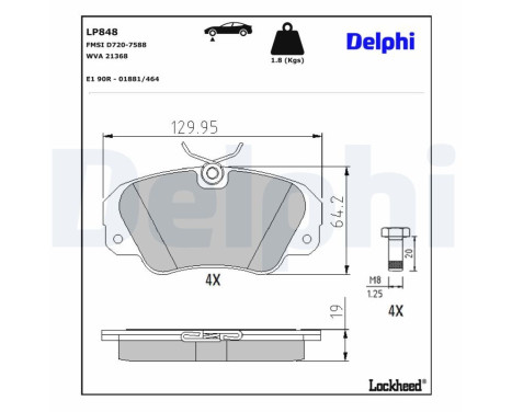 Kit de plaquettes de frein, frein à disque LP848 Delphi