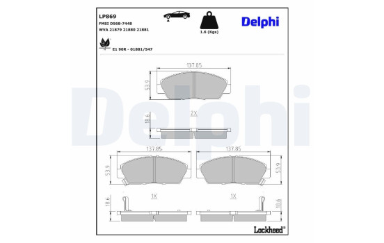 Kit de plaquettes de frein, frein à disque LP869 Delphi