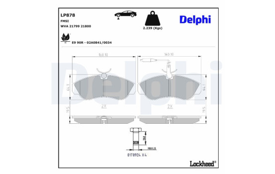 Kit de plaquettes de frein, frein à disque LP878 Delphi