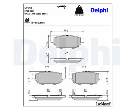 Kit de plaquettes de frein, frein à disque LP968 Delphi