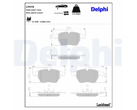 Kit de plaquettes de frein, frein à disque LP978 Delphi