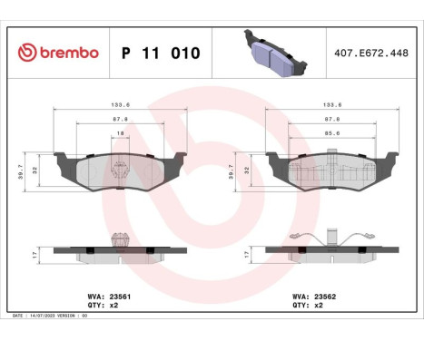 Kit de plaquettes de frein, frein à disque P 11 010 Brembo, Image 3