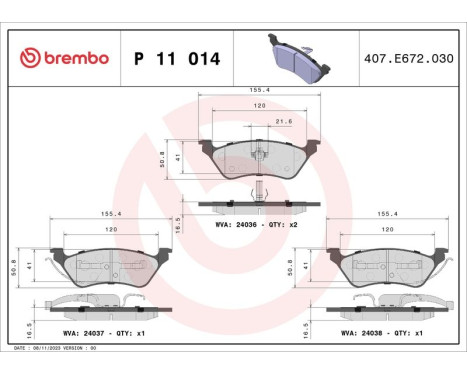 Kit de plaquettes de frein, frein à disque P 11 014 Brembo, Image 3