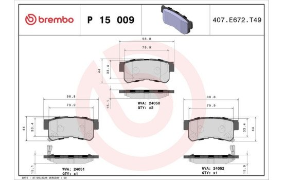 Kit de plaquettes de frein, frein à disque P 15 009 Brembo, Image 3