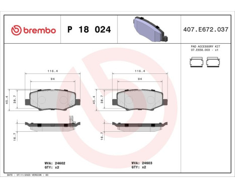 Kit de plaquettes de frein, frein à disque P 18 024 Brembo, Image 3