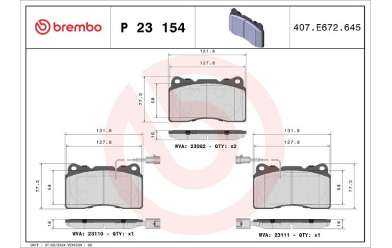 Kit de plaquettes de frein, frein à disque P 23 154 Brembo, Image 2