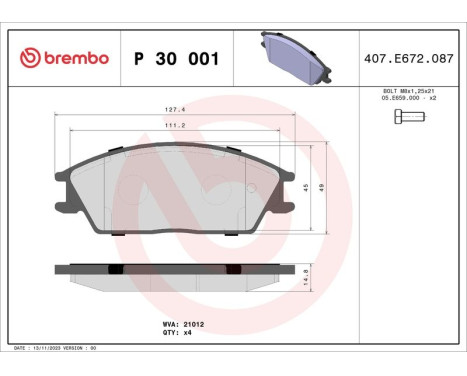 Kit de plaquettes de frein, frein à disque P 30 001 Brembo, Image 3