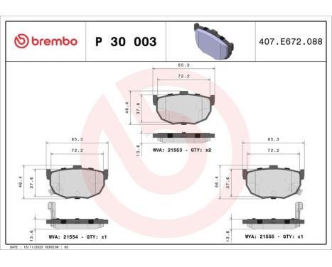 Kit de plaquettes de frein, frein à disque P 30 003 Brembo, Image 3