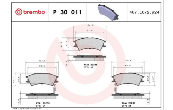 Kit de plaquettes de frein, frein à disque P 30 011 Brembo, Image 2