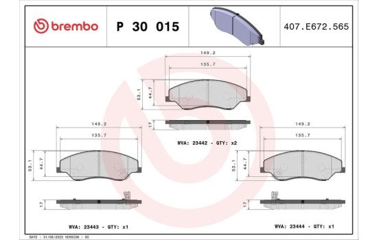 Kit de plaquettes de frein, frein à disque P 30 015 Brembo, Image 2