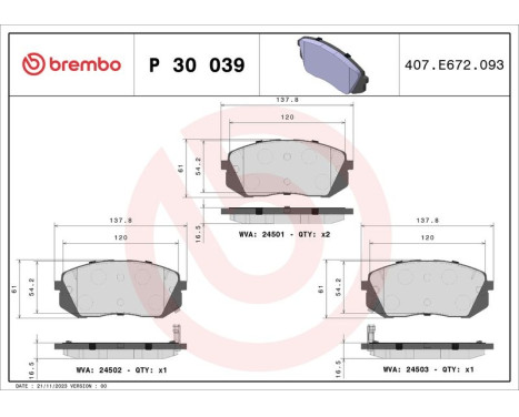 Kit de plaquettes de frein, frein à disque P 30 039 Brembo, Image 3