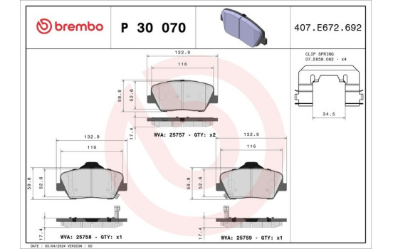 Kit de plaquettes de frein, frein à disque P 30 070 Brembo, Image 2