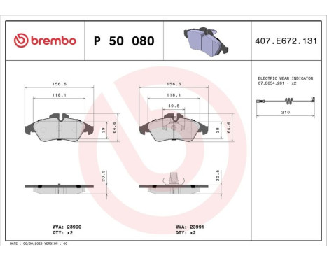 Kit de plaquettes de frein, frein à disque P 50 080 Brembo, Image 3