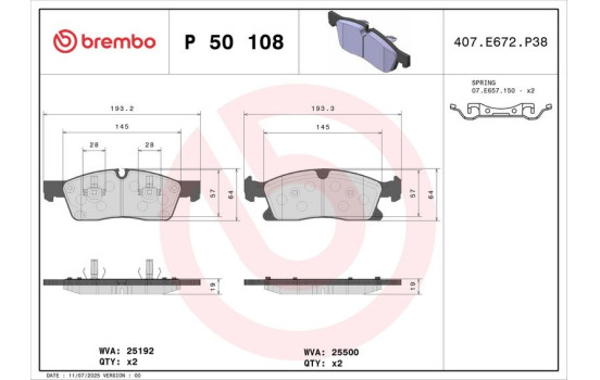 Kit de plaquettes de frein, frein à disque P 50 108 Brembo