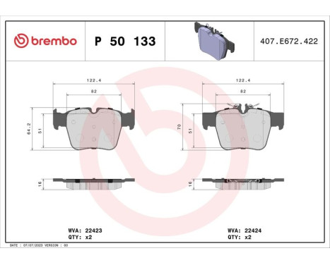 Kit de plaquettes de frein, frein à disque P 50 133 Brembo, Image 2