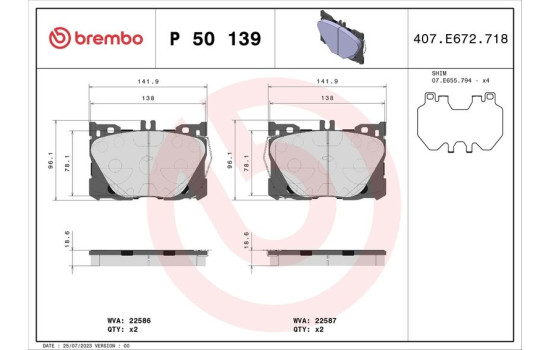 Kit de plaquettes de frein, frein à disque P 50 139 Brembo