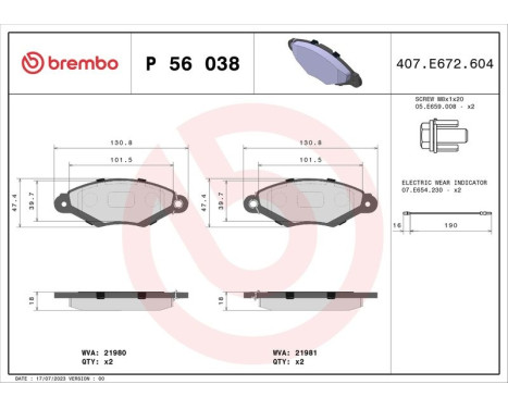 Kit de plaquettes de frein, frein à disque P 56 038 Brembo, Image 3