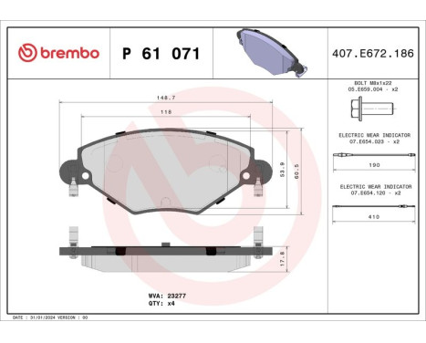 Kit de plaquettes de frein, frein à disque P 61 071 Brembo, Image 3