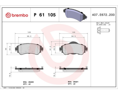Kit de plaquettes de frein, frein à disque P 61 105 Brembo, Image 3
