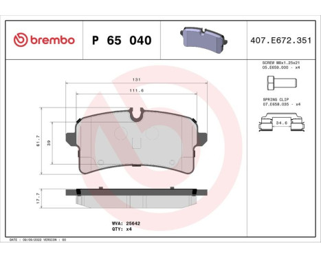 Kit de plaquettes de frein, frein à disque P 65 040 Brembo