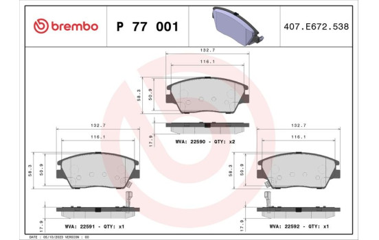 Kit de plaquettes de frein, frein à disque P 77 001 Brembo