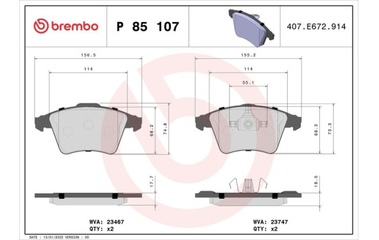 Kit de plaquettes de frein, frein à disque P 85 107 Brembo, Image 2