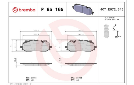 Kit de plaquettes de frein, frein à disque P 85 165 Brembo, Image 2
