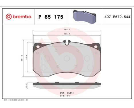 Kit de plaquettes de frein, frein à disque P 85 175 Brembo