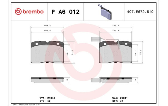 Kit de plaquettes de frein, frein à disque P A6 012 Brembo, Image 2