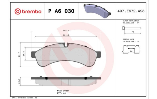 Kit de plaquettes de frein, frein à disque P A6 030 Brembo