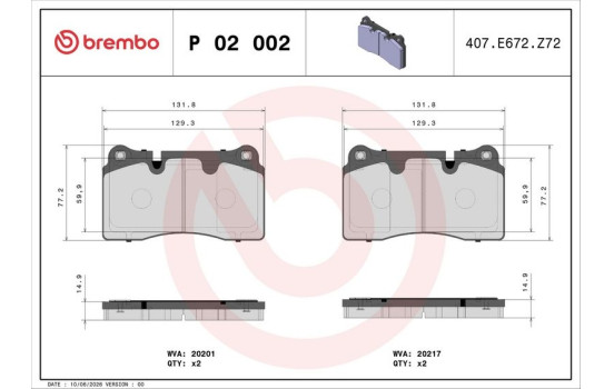 Kit de plaquettes de frein, frein à disque P02002 Brembo, Image 3