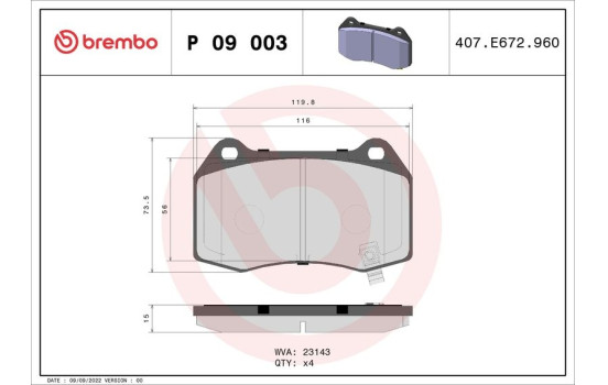 Kit de plaquettes de frein, frein à disque P09003 Brembo, Image 3