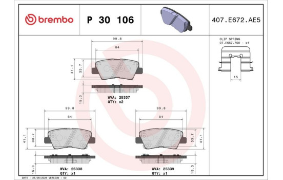 Kit de plaquettes de frein, frein à disque P30106 Brembo, Image 2
