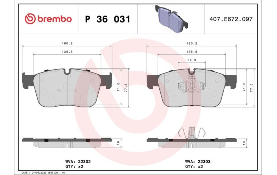 Kit de plaquettes de frein, frein à disque P36031 Brembo, Image 2