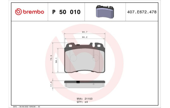 Kit de plaquettes de frein, frein à disque P50010 Brembo, Image 2