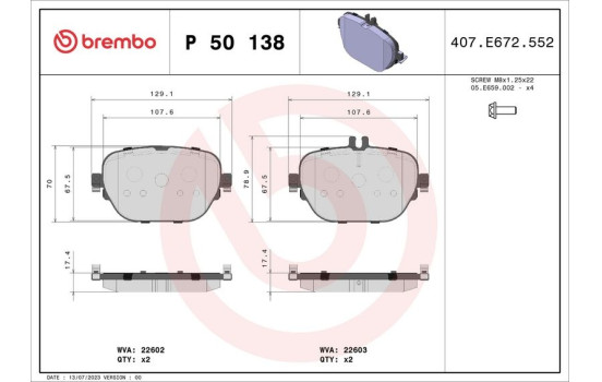 Kit de plaquettes de frein, frein à disque P50138 Brembo