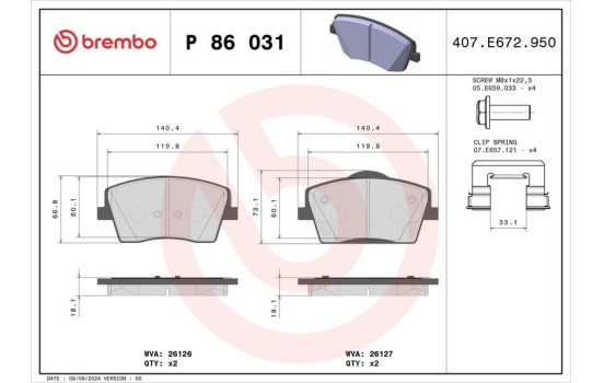 Kit de plaquettes de frein, frein à disque P86031 Brembo