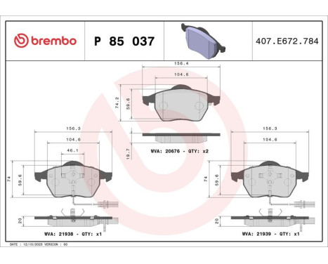 Kit de plaquettes de frein, frein à disque PLAQUETTE DE FREIN DIRECTIONNELLE P 85 037 Brembo, Image 3