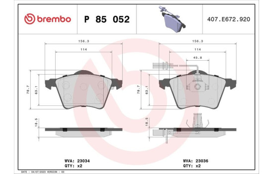 Kit de plaquettes de frein, frein à disque PLAQUETTE DE FREIN DIRECTIONNELLE P 85 052 Brembo, Image 2