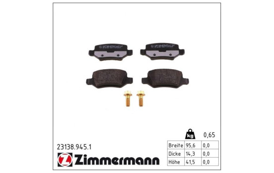 Kit de plaquettes de frein, frein à disque rd:z 23138.945.1 Zimmermann, Image 2