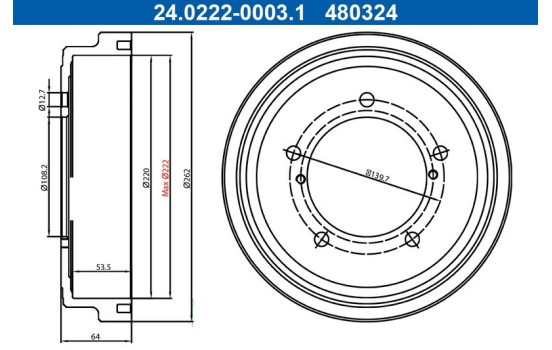 Tambour de frein 24.0222-0003.1 ATE